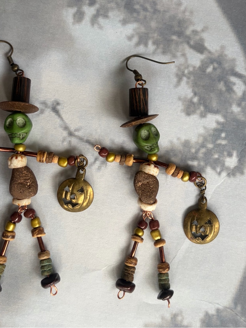 Handcrafted Halloween Skeleton Dangle Earrings in Green and Brown